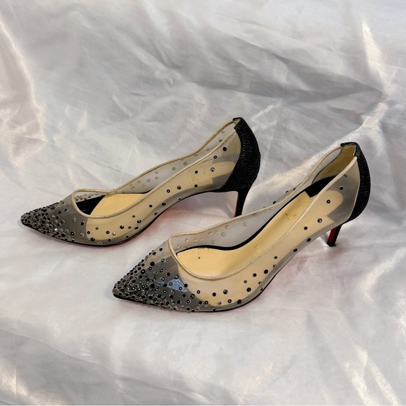 Christian Louboutin Black Glitter and Mesh Follies Strass Pumps - Picture 2 of 8